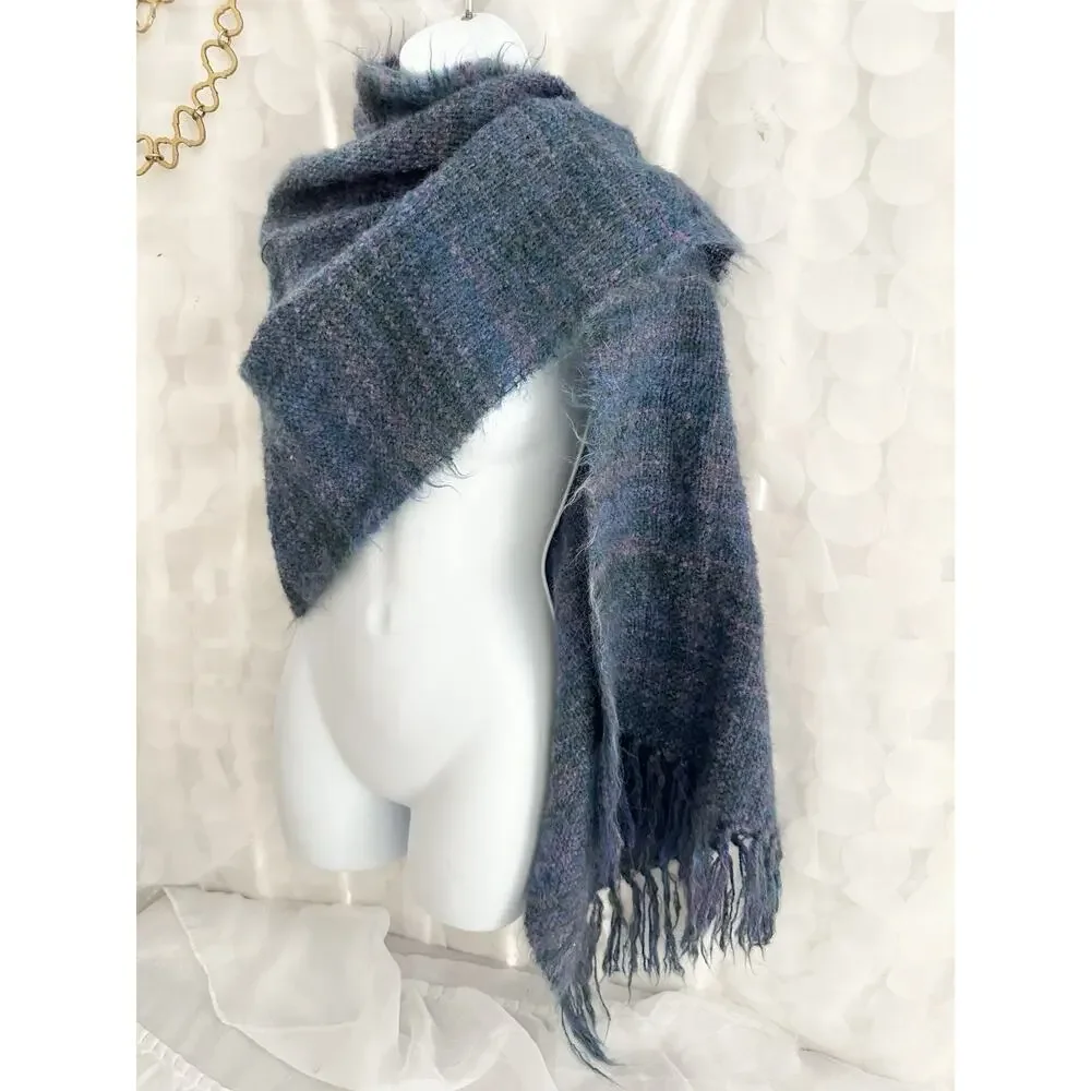 Vintage Wool & Mohair Pashmina Scarf Wrap Purple Blue Green Fringe Boho 25 X 68”
